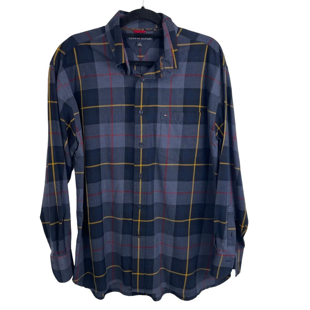 Tommy Hilfiger Navy Blue Yellow Plaid Long Sleeve Button Down Mens Large